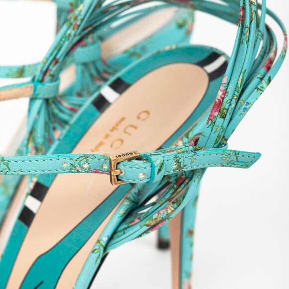 Gucci Allie Light-Blue Floral-Print Leather Knotted High-Heel Sandals - Picture 10 of 11
